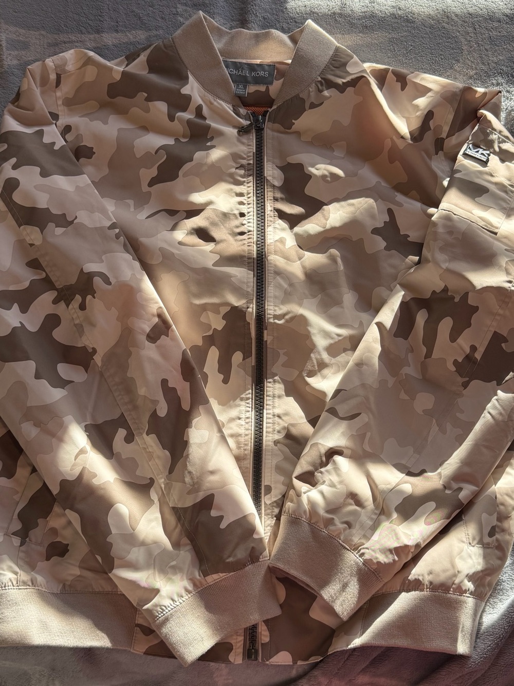 Michael Kors Tan & Beige Camo Bomber Jacket